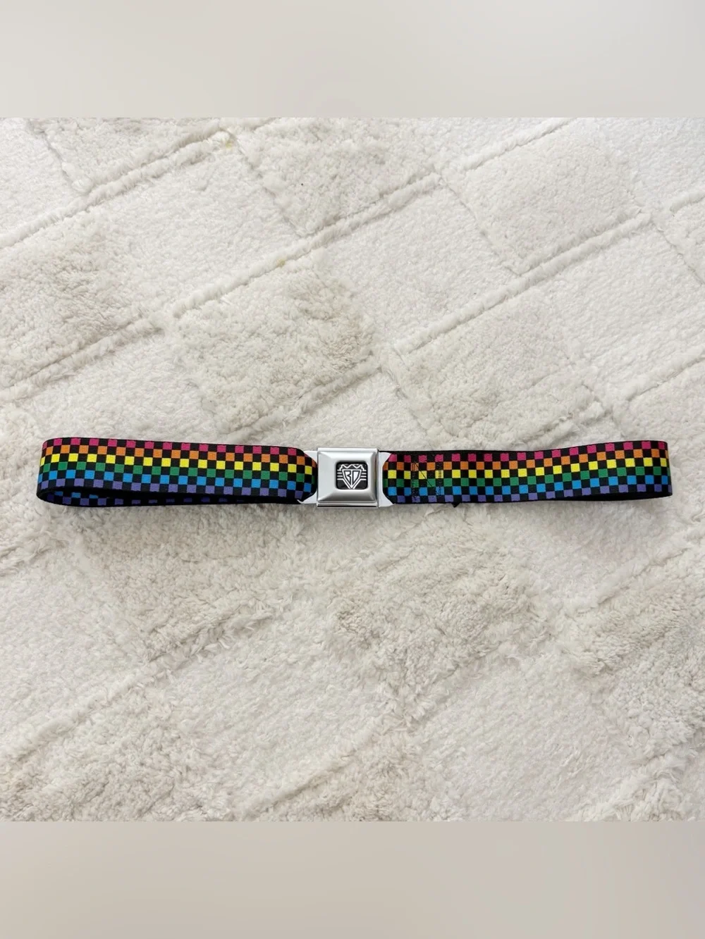 Buckle-Down Rainbow Checkered Seatbelt Adjustable Belt XL 32-52”